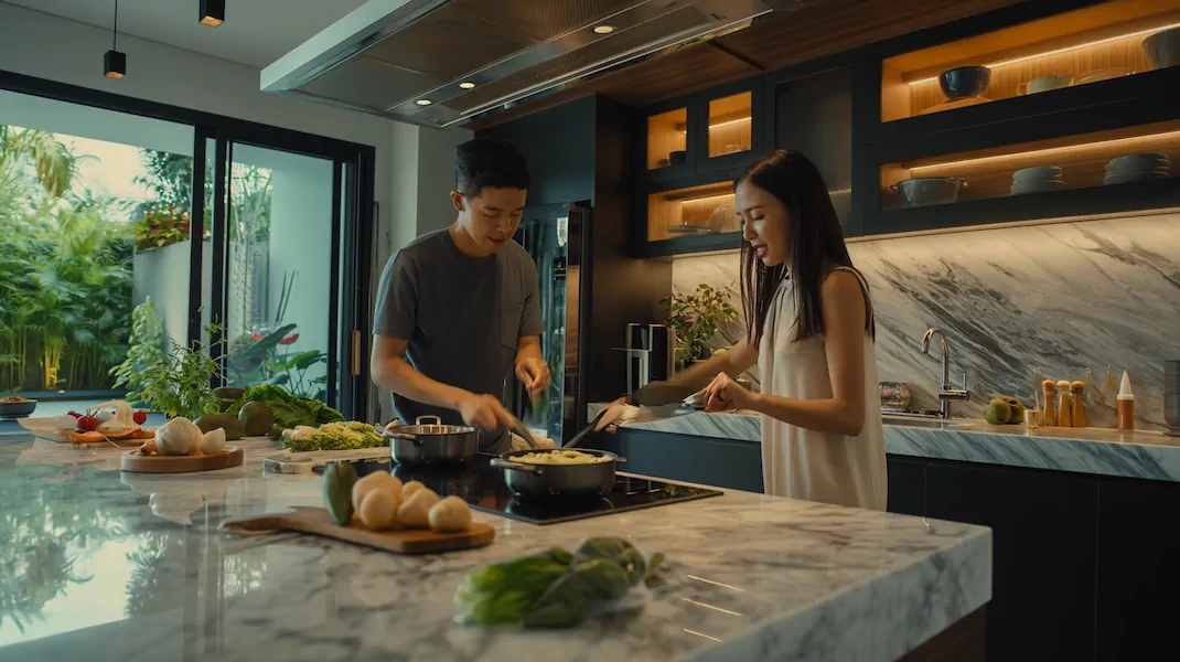 Asian family cooking in a kitchen with minimalist design and natural light