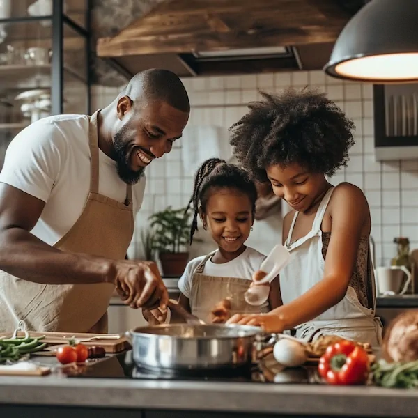 Black family cooking in a kitchen with contemporary design and high-end appliances